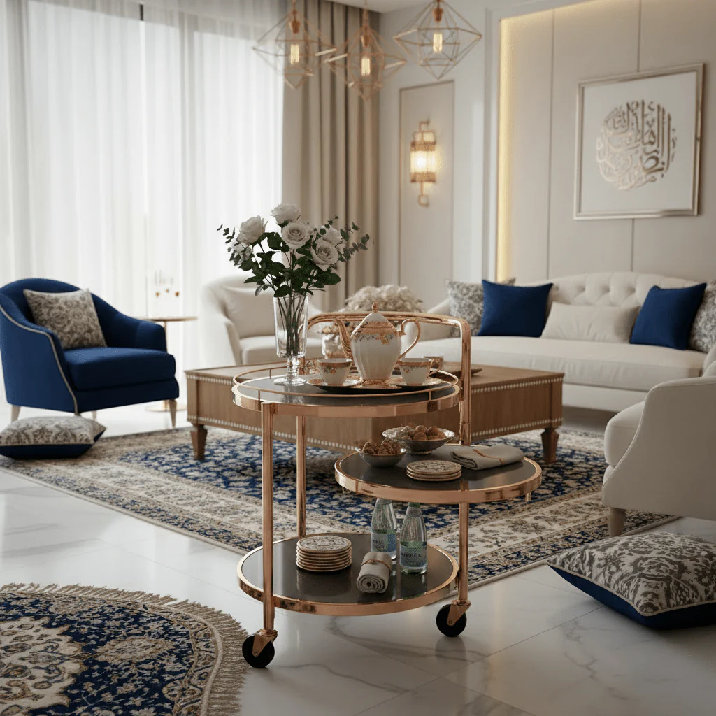 MayFlower 3-Tier Rose Gold Metal & Smoked Glass Serving Trolley with Castor Wheels | Luxury Cart for Living Room, Majlis & Dining | 60×54×44 cm | - Image 2