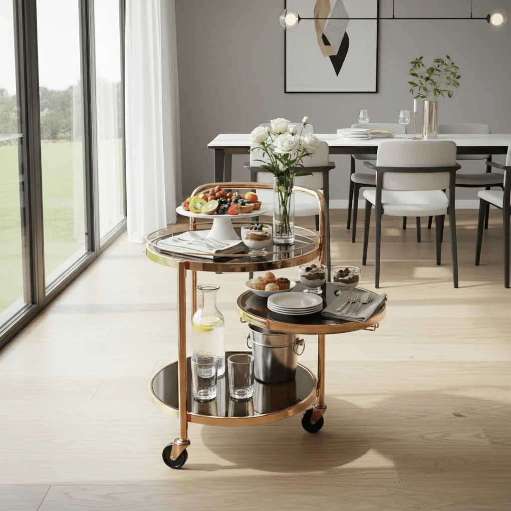 MayFlower 3-Tier Rose Gold Metal & Smoked Glass Serving Trolley with Castor Wheels | Luxury Cart for Living Room, Majlis & Dining | 60×54×44 cm | - Image 4