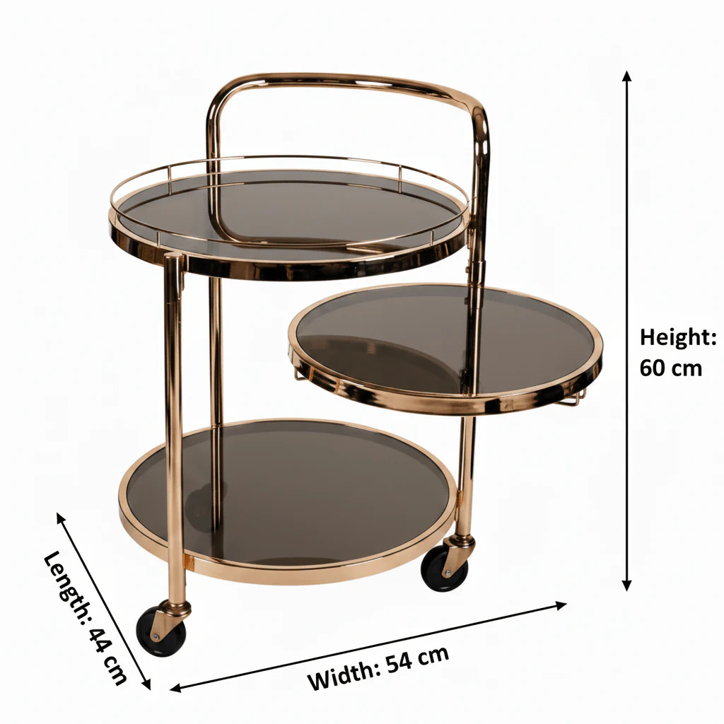 MayFlower 3-Tier Rose Gold Metal & Smoked Glass Serving Trolley with Castor Wheels | Luxury Cart for Living Room, Majlis & Dining | 60×54×44 cm | - Image 5