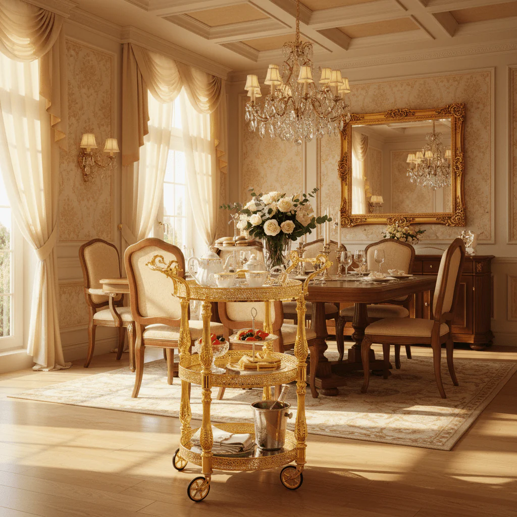 MayFlower 3-Tier Round Gold Metal & Glass Serving Trolley with Ornate Filigree Design and Caster Wheels – 90×50cm | Luxury Hospitality & Majlis Tea Cart | - Image 3