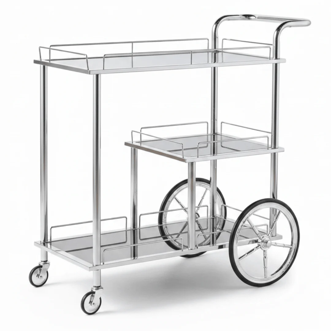 MayFlower 3-Tier Silver Chrome Metal & Clear Glass Serving Trolley Bar Cart | Rolling Hospitality Cart with Spoked Wheels | 77cm × 75cm × 40cm |