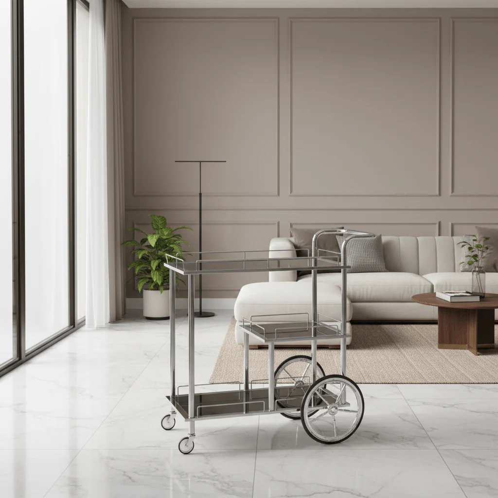 MayFlower 3-Tier Silver Chrome Metal & Clear Glass Serving Trolley Bar Cart | Rolling Hospitality Cart with Spoked Wheels | 77cm × 75cm × 40cm | - Image 2