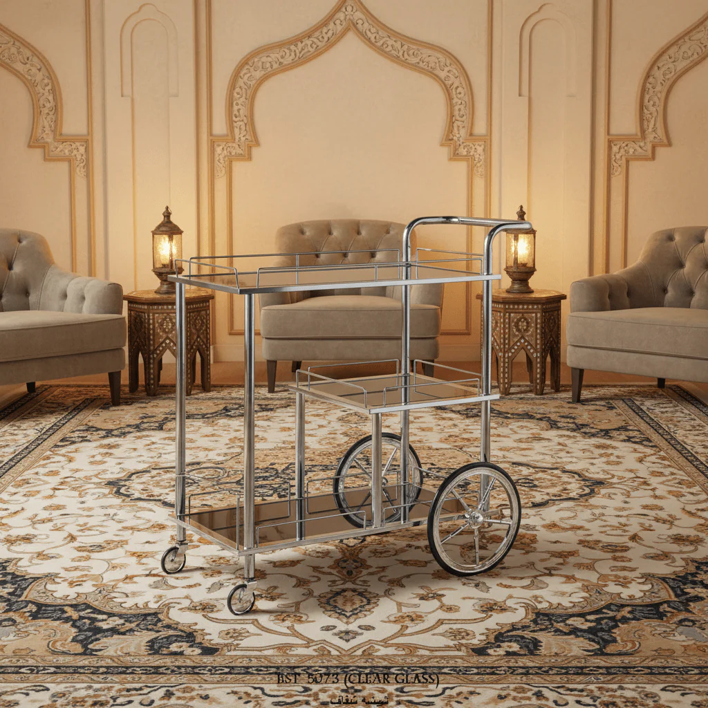 MayFlower 3-Tier Silver Chrome Metal & Clear Glass Serving Trolley Bar Cart | Rolling Hospitality Cart with Spoked Wheels | 77cm × 75cm × 40cm | - Image 3
