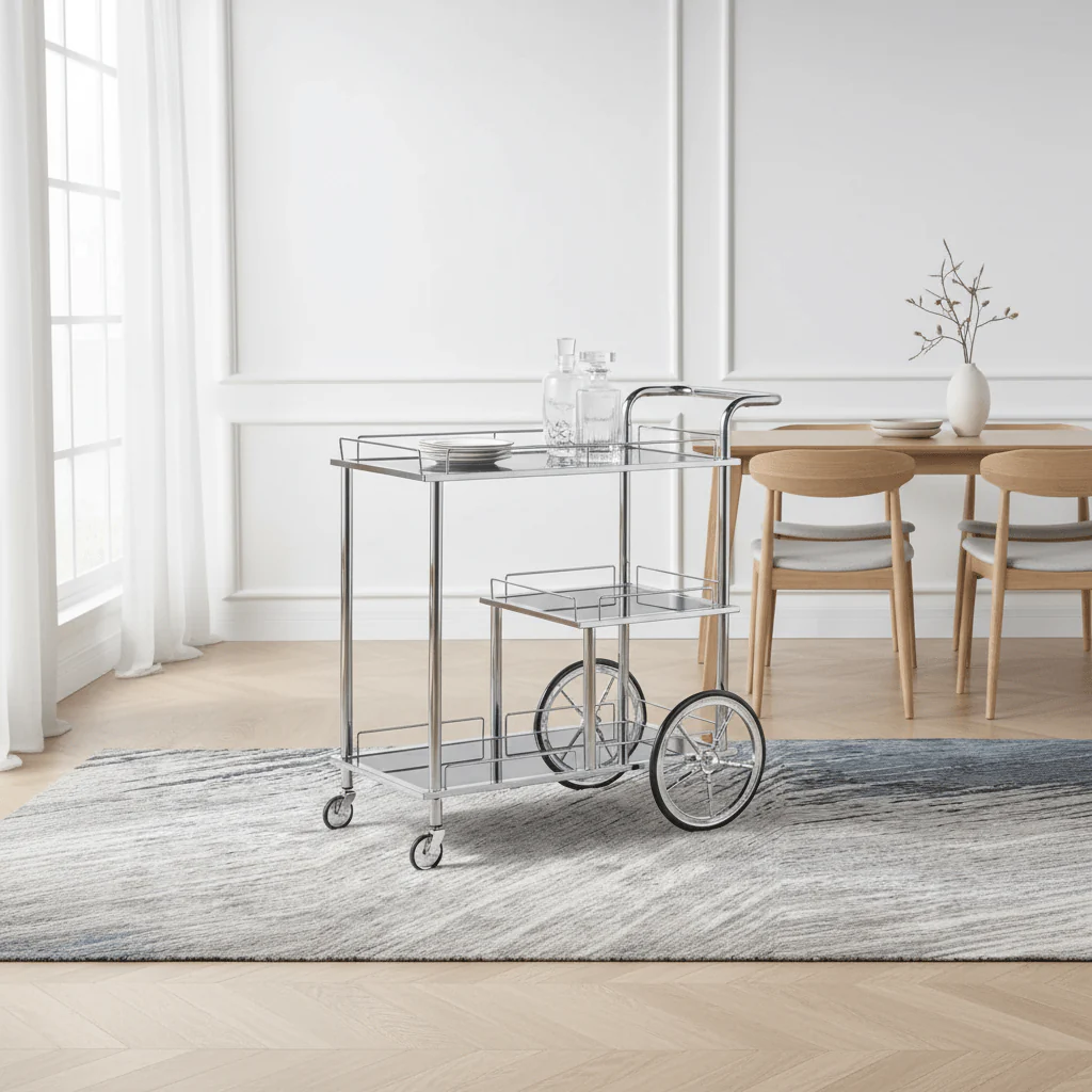 MayFlower 3-Tier Silver Chrome Metal & Clear Glass Serving Trolley Bar Cart | Rolling Hospitality Cart with Spoked Wheels | 77cm × 75cm × 40cm | - Image 4