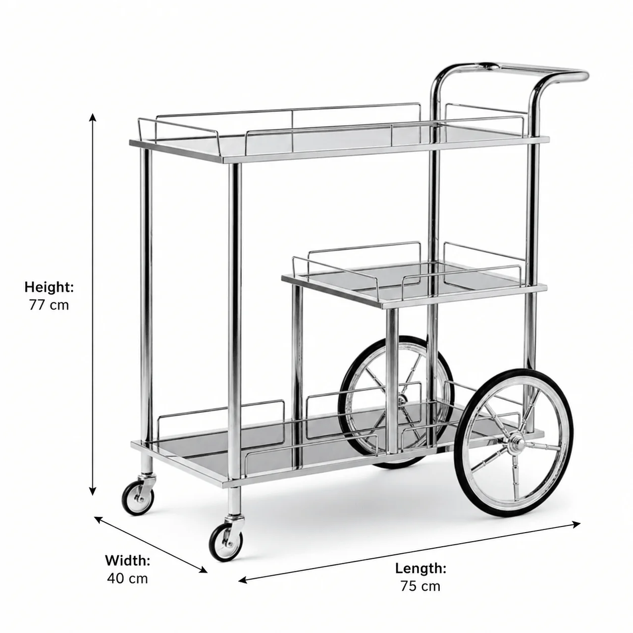 MayFlower 3-Tier Silver Chrome Metal & Clear Glass Serving Trolley Bar Cart | Rolling Hospitality Cart with Spoked Wheels | 77cm × 75cm × 40cm | - Image 5