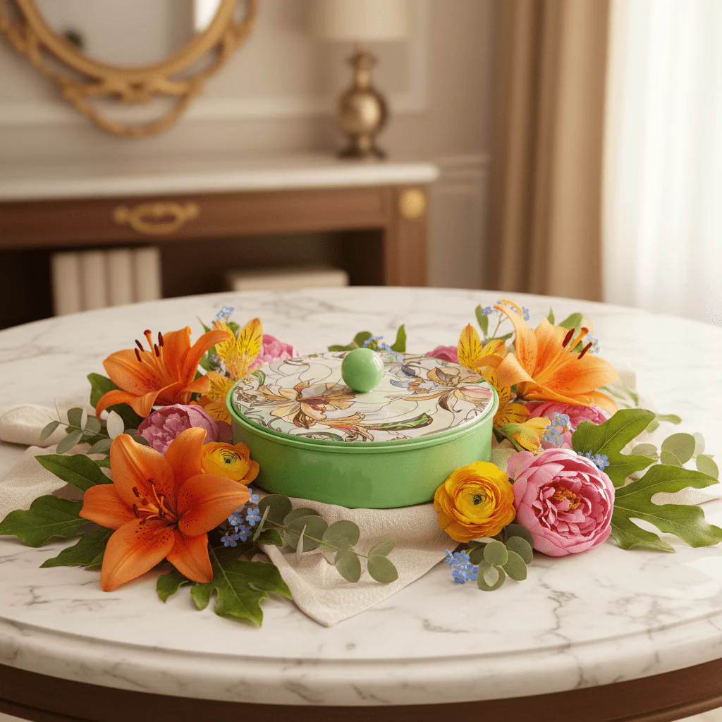 May Flower Elegant Round Green Candy Storage Box with Decorative Lid for Serving & Gifting – 15cm - Image 2
