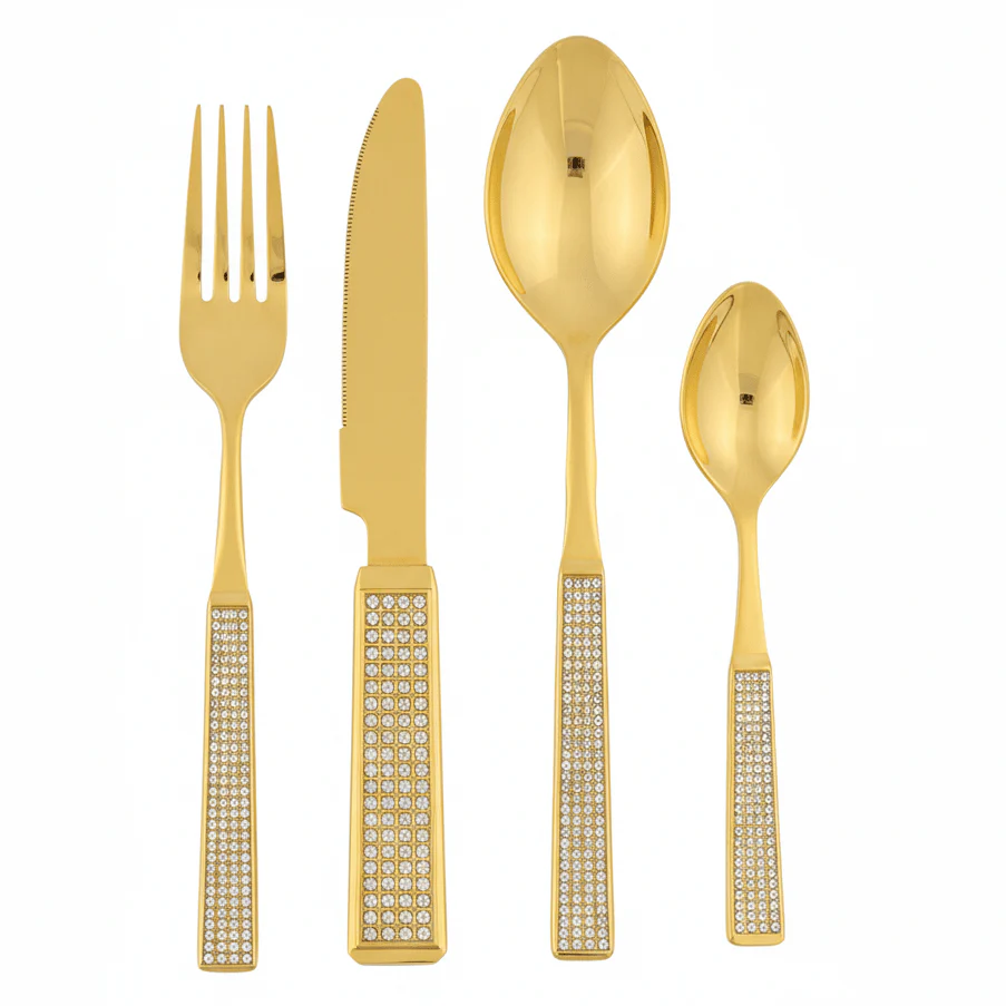 MayFlower Stainless Steel Gold Diamond Pattern Handle Spoon and Fork Set Complete Dining Cutlery Set for Home and Events – 24 Pieces