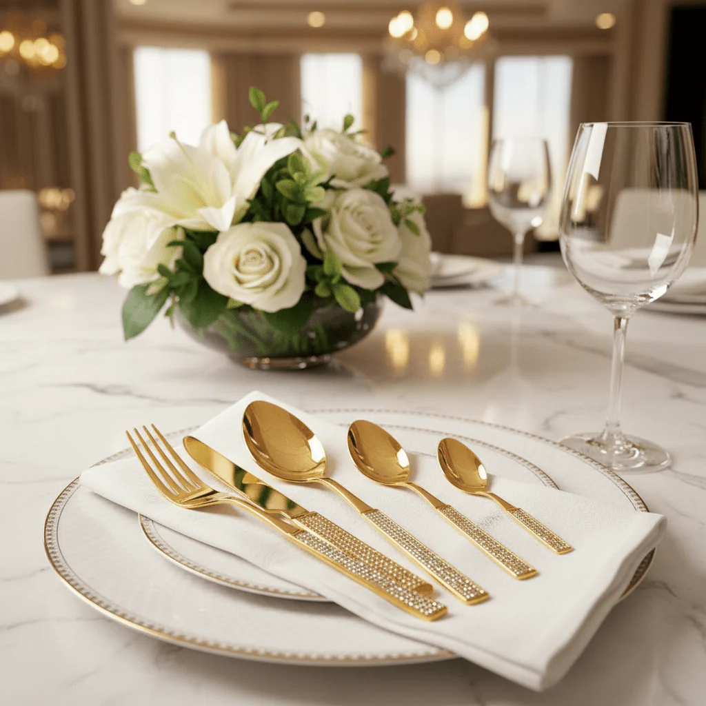 MayFlower Stainless Steel Gold Diamond Pattern Handle Spoon and Fork Set Complete Dining Cutlery Set for Home and Events – 24 Pieces - Image 2