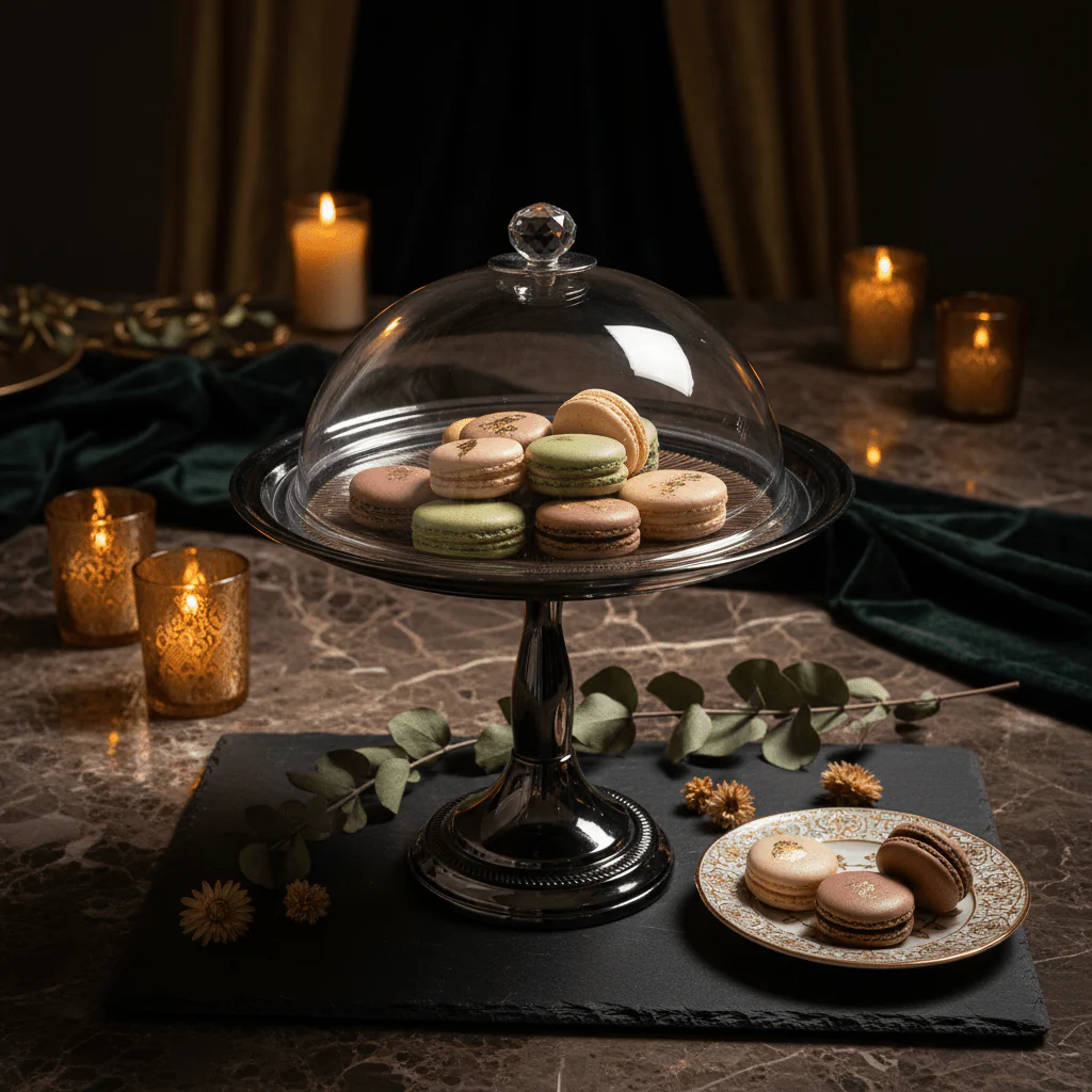 MayFlower NoirServe Tinted Black Footed Metal Serving Tray with Acrylic Lid Modern Display Tray 20cm - Image 2