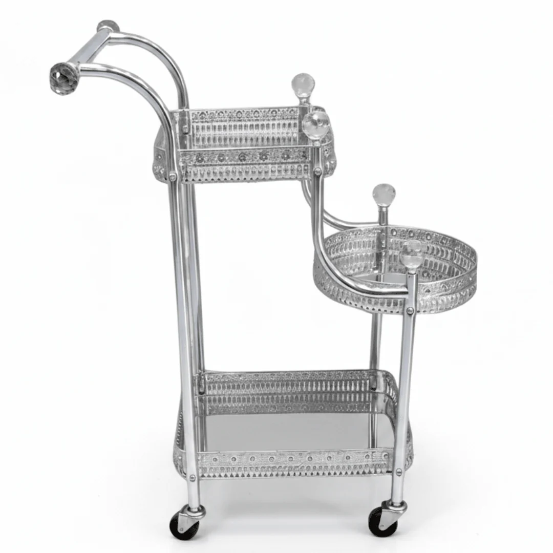 Pilsco 3-Tier Silver Chrome Metal & Glass Serving Trolley Cart with Ornate Filigree Design, Crystal Knob Accents & Rolling Casters | 67cm x 40cm x 30cm |