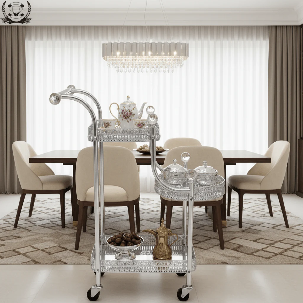 Pilsco 3-Tier Silver Chrome Metal & Glass Serving Trolley Cart with Ornate Filigree Design, Crystal Knob Accents & Rolling Casters | 67cm x 40cm x 30cm | - Image 3