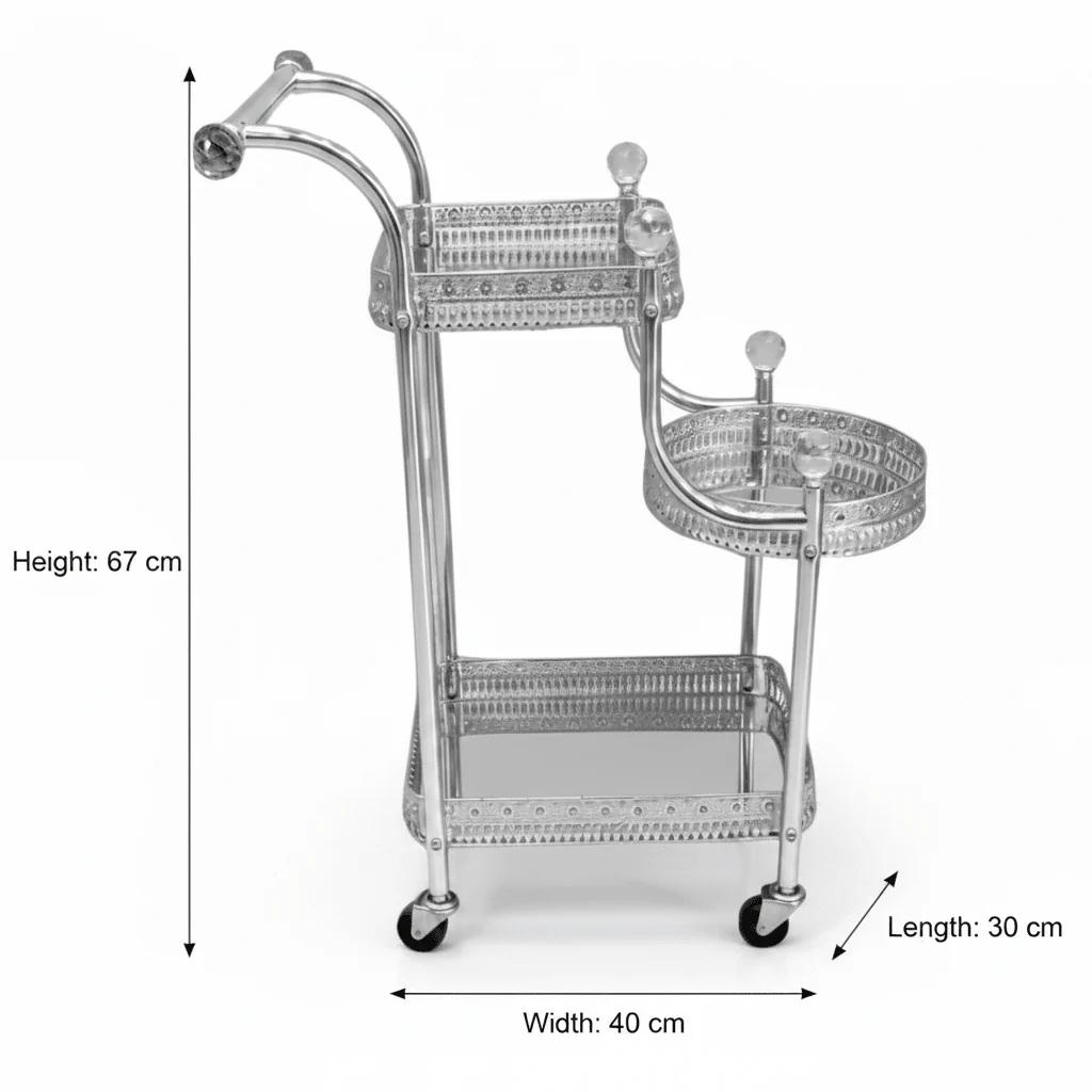 Pilsco 3-Tier Silver Chrome Metal & Glass Serving Trolley Cart with Ornate Filigree Design, Crystal Knob Accents & Rolling Casters | 67cm x 40cm x 30cm | - Image 4