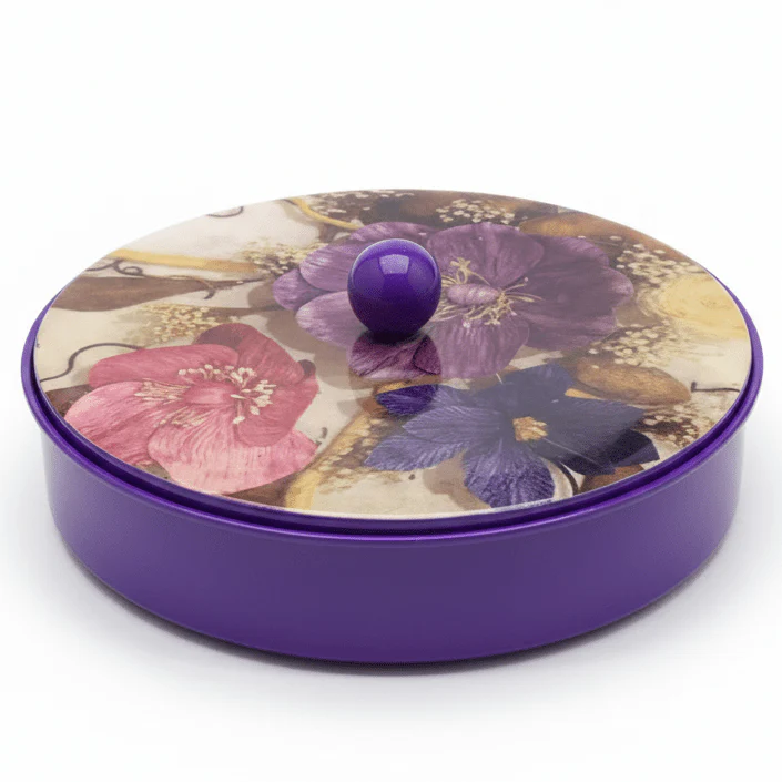 May Flower Premium Round Purple Candy Box with Ornate Lid for Luxury Table Presentation – 20cm