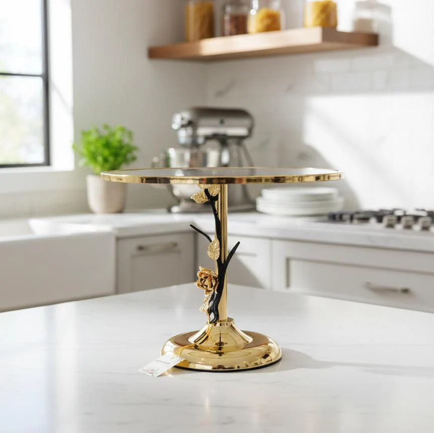 MAY FLOWER Round Glass Cake Tray with Rose Gold Base – Elegant Dessert Display Stand for Cakes, Pastries, or Table Decor 35x28 cm