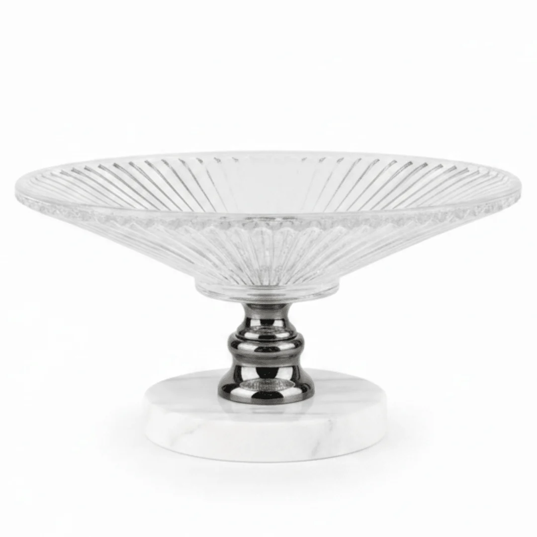 May Flower Round Glass Fruit Bowl with White Marble Base | 20×12 cm