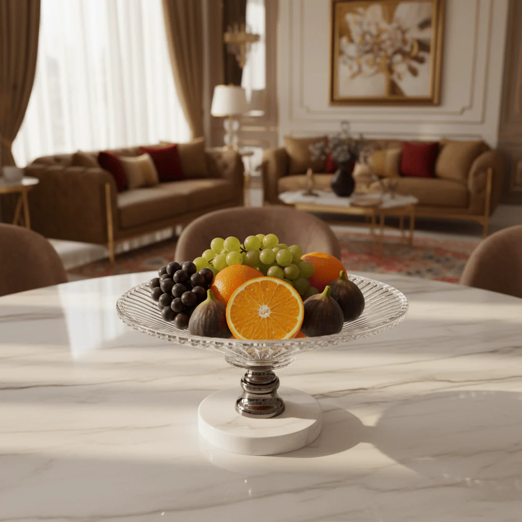 May Flower Round Glass Fruit Bowl with White Marble Base | 20×12 cm - Image 2