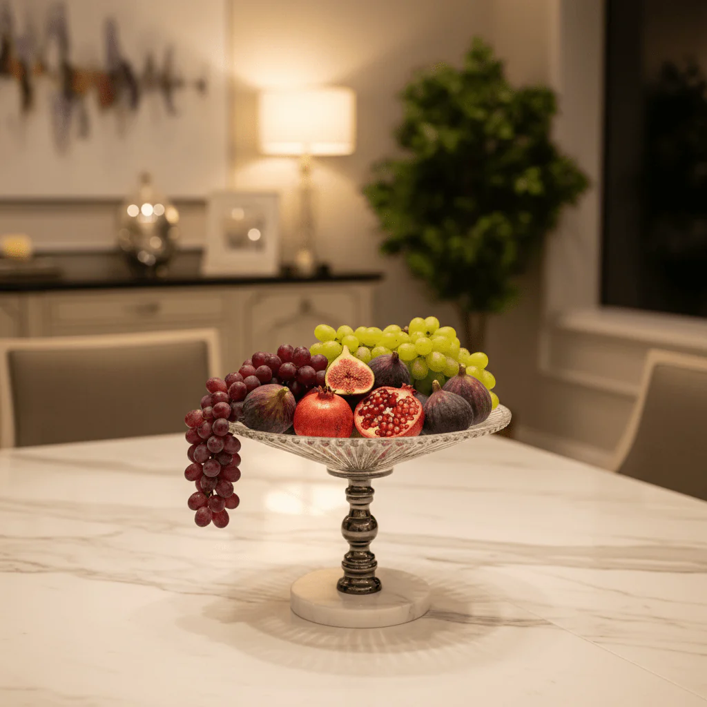 Mayflower Round Glass Fruit Bowl with White Marble Base | 24×18 cm - Image 2