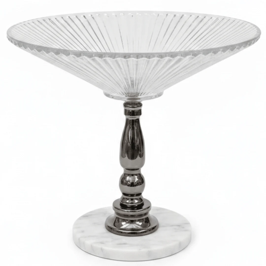 May Flower Round Glass Fruit Bowl with Marble Ceramic Base | 30×30 cm | Premium Home Centerpiece  Description: