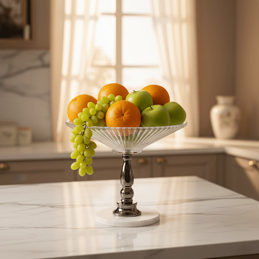 May Flower Round Glass Fruit Bowl with Marble Ceramic Base | 30×30 cm | Premium Home Centerpiece  Description: - Image 2