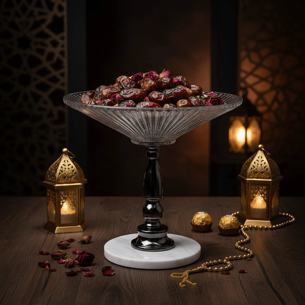 May Flower Round Glass Fruit Bowl with Marble Ceramic Base | 30×30 cm | Premium Home Centerpiece  Description: - Image 4