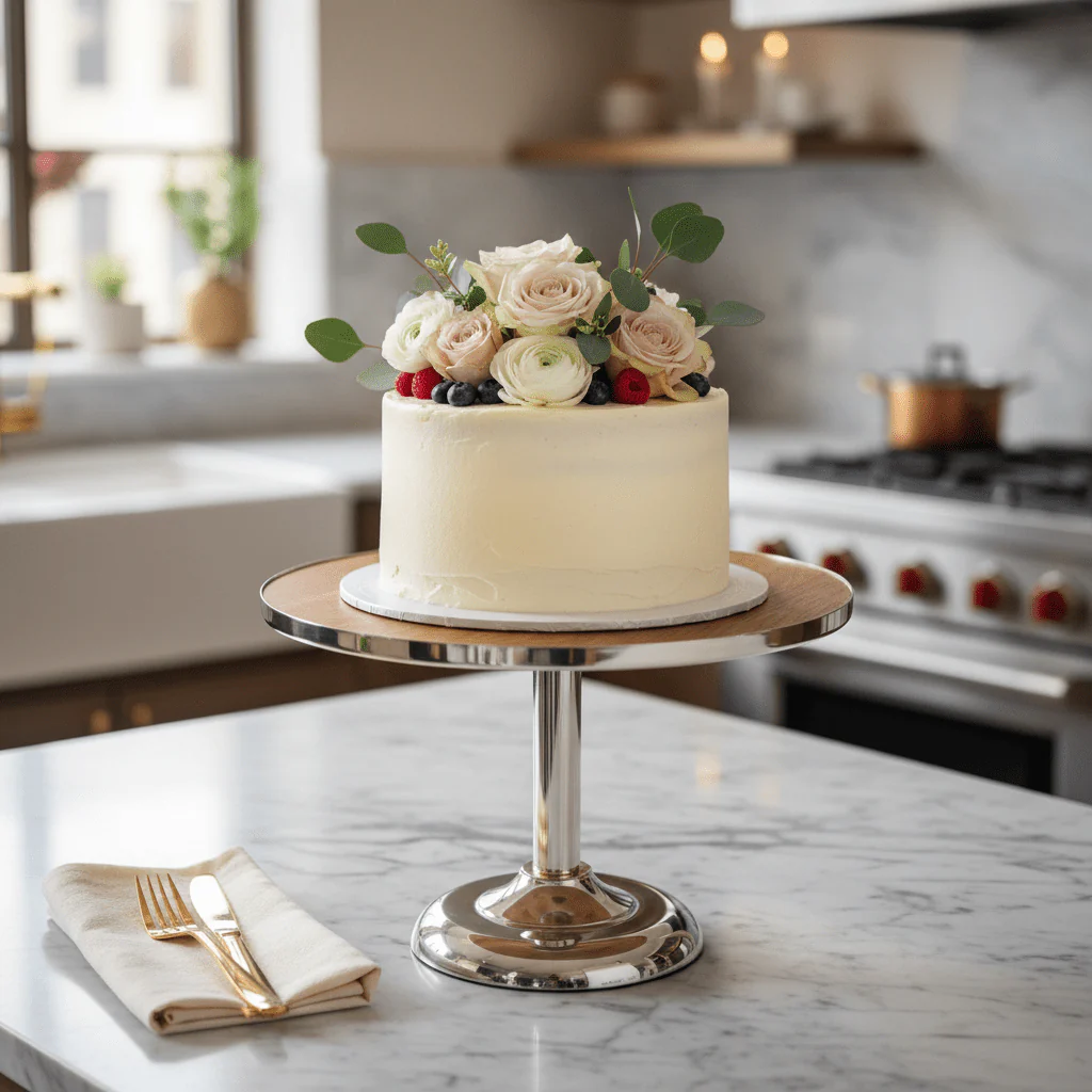 May Flower Round Cake Stand | Wood & Silver Stainless Steel |30×20cm - Image 2