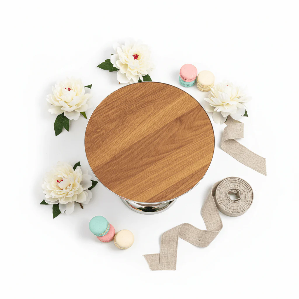 May Flower Round Cake Stand | Wood & Silver Stainless Steel |30×20cm - Image 4