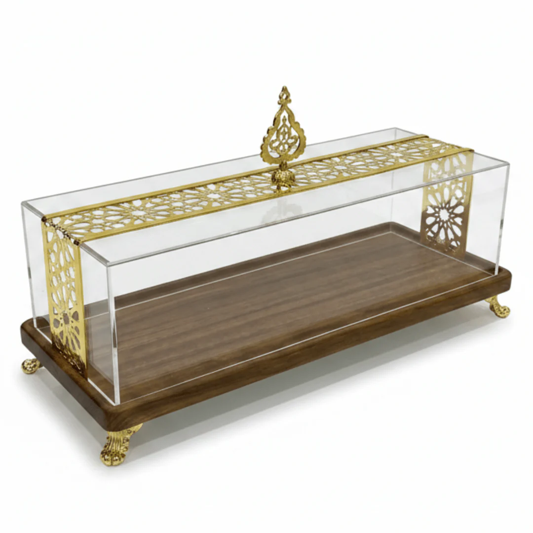 May Flower Slim Rectangular Wooden Serving Tray with Transparent Acrylic Lid – Modern Design – 40 × 14 × 14 cm