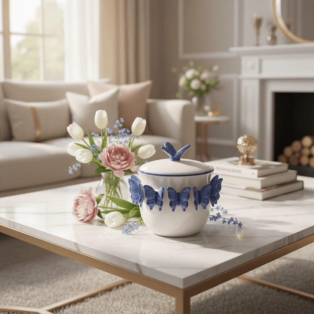 May Flower White Ceramic Candy Pot with Blue Butterfly Design Decorative Storage Jar 20cm - Image 2
