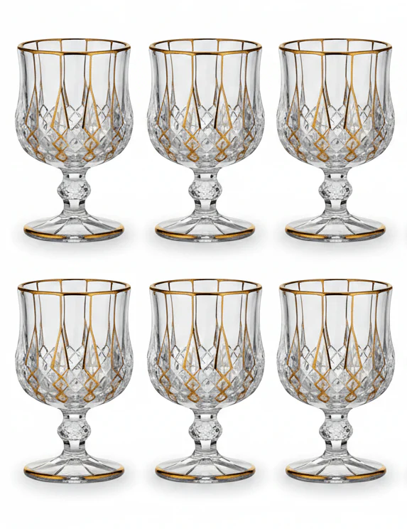 Mayflower 7 Pcs Crystal Glass Decanter Set – 1 Decanter & 6 Glasses - Gold Accent Diamond Cut - Image 4