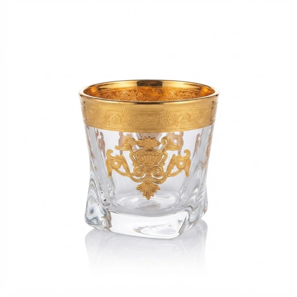 Mayflower 7 Pcs Crystal Glass Decanter Set – 1 Decanter & 6 Glasses - Gold Baroque Motif - Image 3