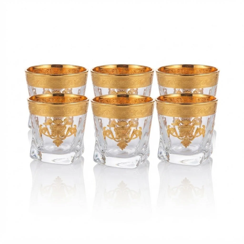 Mayflower 7 Pcs Crystal Glass Decanter Set – 1 Decanter & 6 Glasses - Gold Baroque Motif - Image 4