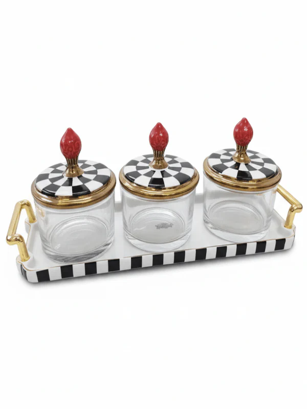 Mayflower Glass & Ceramic Candy Pot Set with Tray – 3 Pieces, Black & White Snack Serving Set (8*10 Cm Per Pot)
