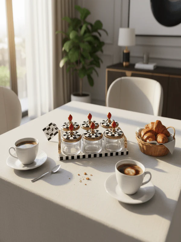 Mayflower Glass & Ceramic Candy Pot Set with Tray – 6 Pieces, Black & White Luxury Serving Set (8*10 Cm Per Pot) - Image 2