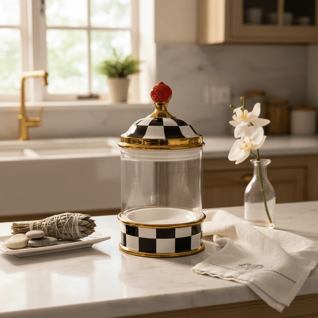Mayflower Glass Storage Canister with Ceramic Lid – 12 × 23 cm, Black & White Countertop Jar - Image 2