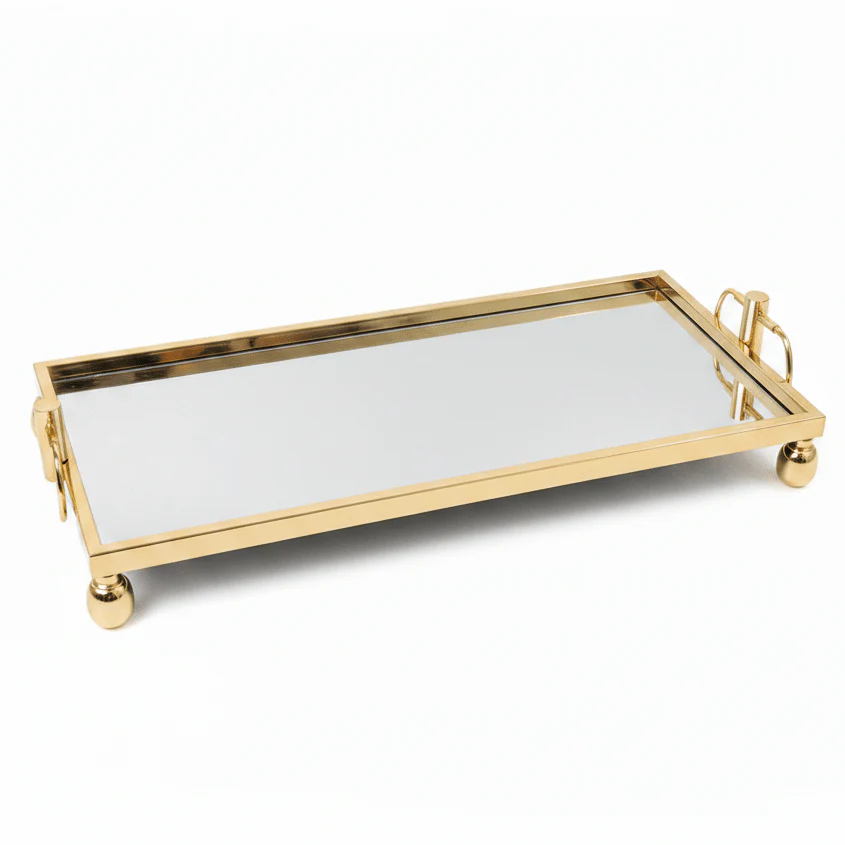 Mayflower Polished Gold-Plated Metal & Mirror Glass Rectangular Serving Tray 60×25cm / 90×25cm