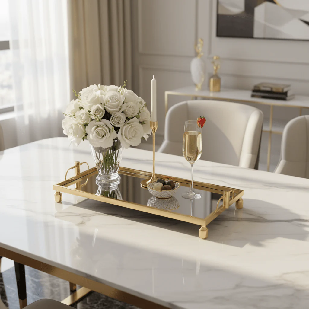 Mayflower Polished Gold-Plated Metal & Mirror Glass Rectangular Serving Tray 60×25cm / 90×25cm - Image 2