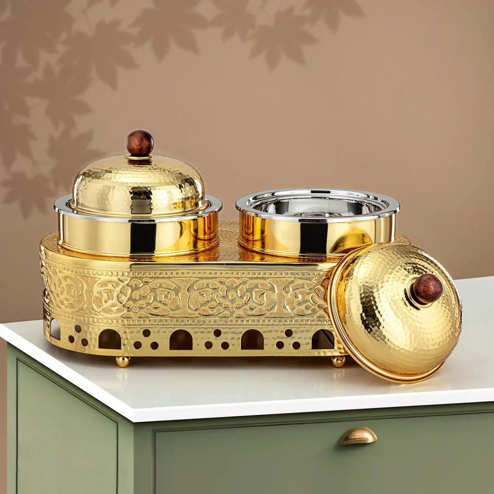Almarjan Chafing Dish Double Stainless Steel, 1.25L + 1.25L, Gold (MD-3046) - Stylish Serveware - Image 2