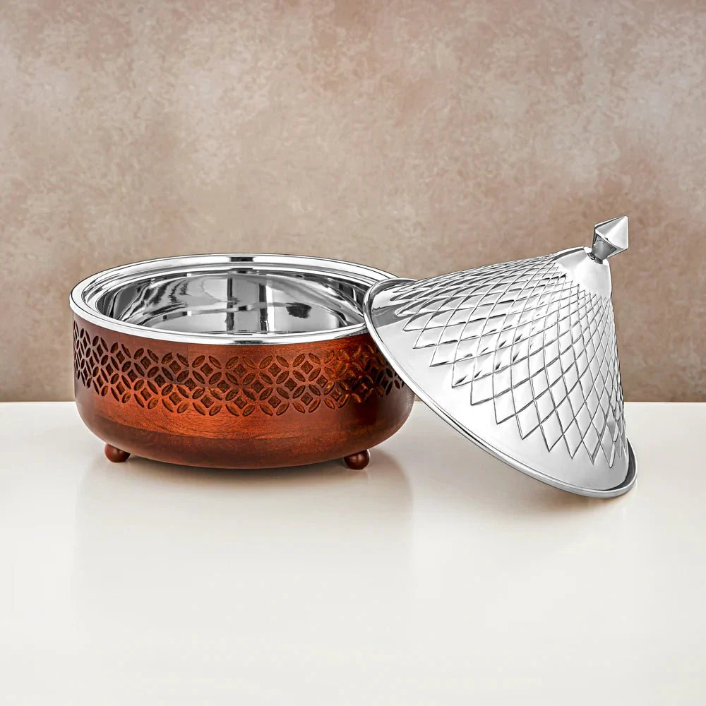 Almarjan 3000 ML Stainless Steel Food Warmer Silver & Wood - MD-1125B - Image 2