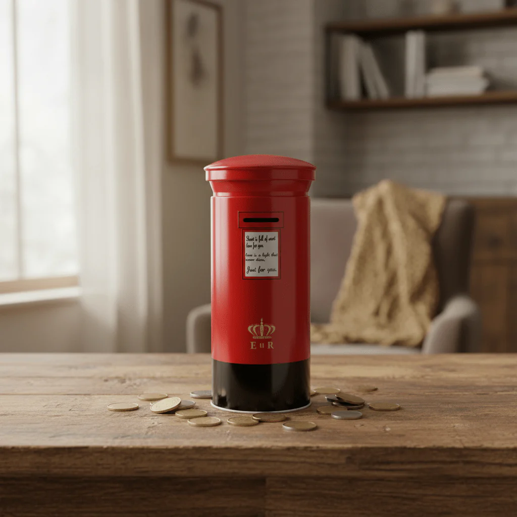 Red Metal British Royal Mail Post Box Coin Bank – 25cm Decorative Money Box - Image 2