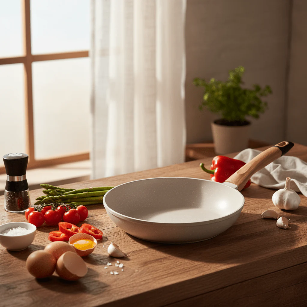 Millermaus Forged Aluminium Non-Stick Fry Pan 26cm | Cream Stone Finish with Wooden Handle - Image 2