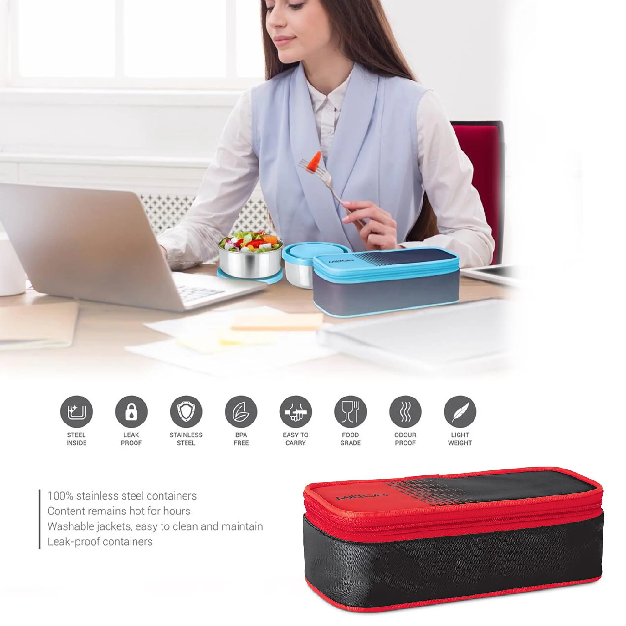 Milton Nourish 2pc Round Lunch Box 300ml+300ml with Bag, Stainless Steel, Red - Image 3