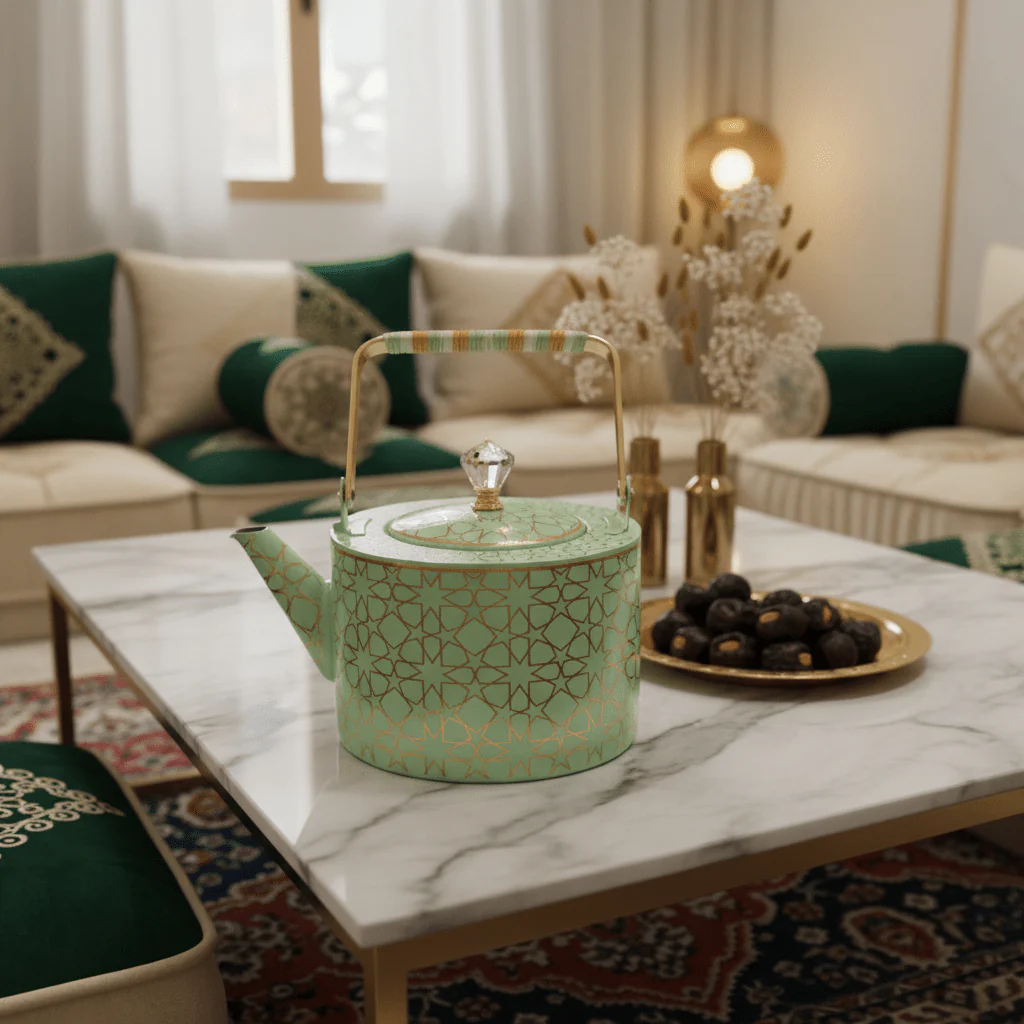 Mint Green & Gold Islamic Geometric Metal Tea Kettle with Crystal Lid Knob | Elegant Arabic Tea Serving Kettle | 2 Litre - Image 2