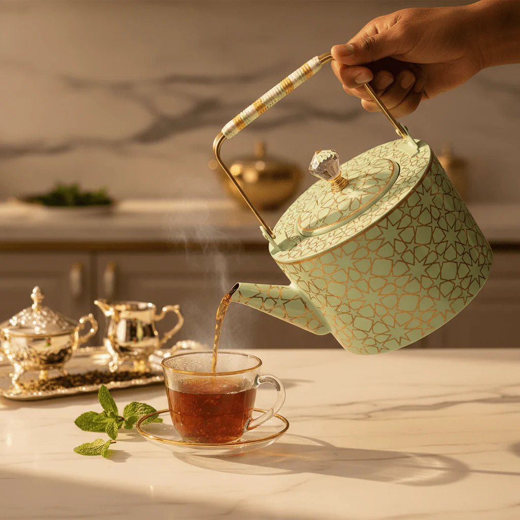 Mint Green & Gold Islamic Geometric Metal Tea Kettle with Crystal Lid Knob | Elegant Arabic Tea Serving Kettle | 2 Litre - Image 3