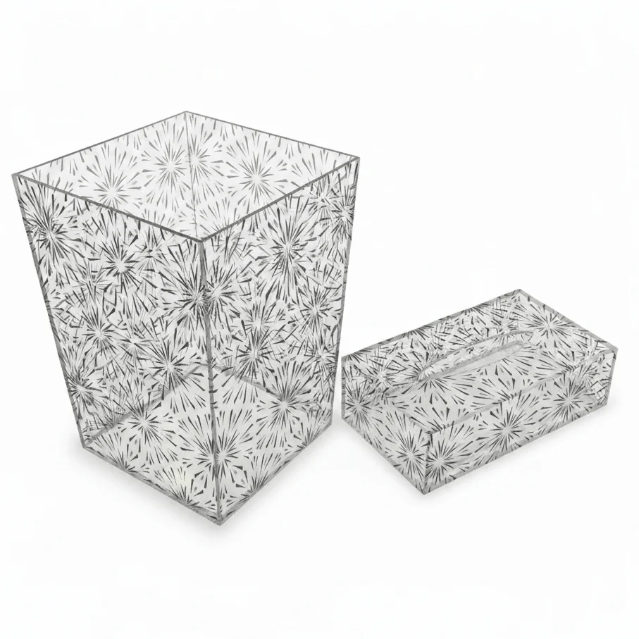 Modern Acrylic Dustbin with Black Design and Matching Tissue Box Set – Sleek Home Accessory – 24.5 × 20 cm & 22 × 12 cm