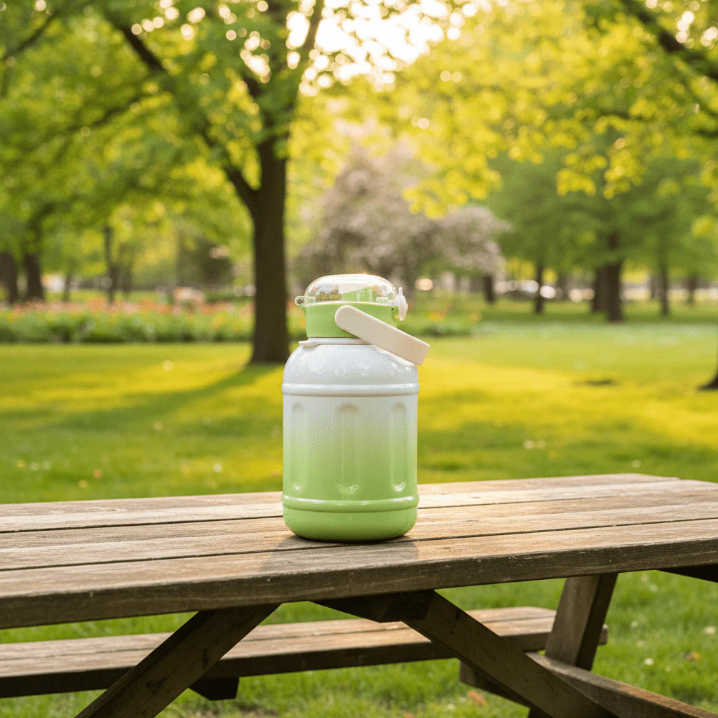 Modern Green & White Stainless Steel Vacuum Flask with Elegant Cream Handle 1200ml - Image 3
