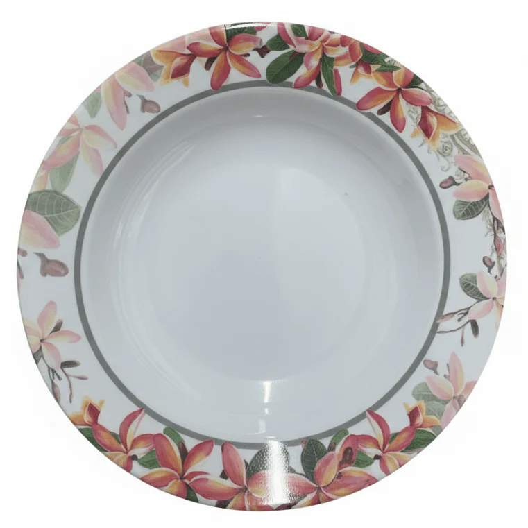Moments Round White Melamine Soup Plate with Elegant Flower Design, Durable Serving Plate for Soups & Meals – 9 Inch