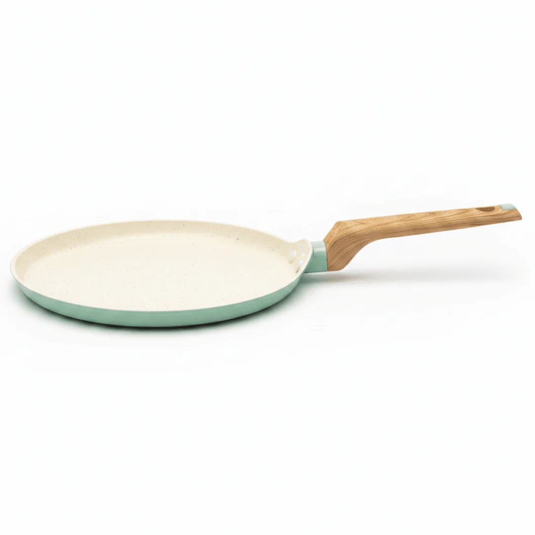 Nautilus Forged Aluminium Crepe Pan 24cm – Cream & Sage Green | Non-Stick | Wooden Handle