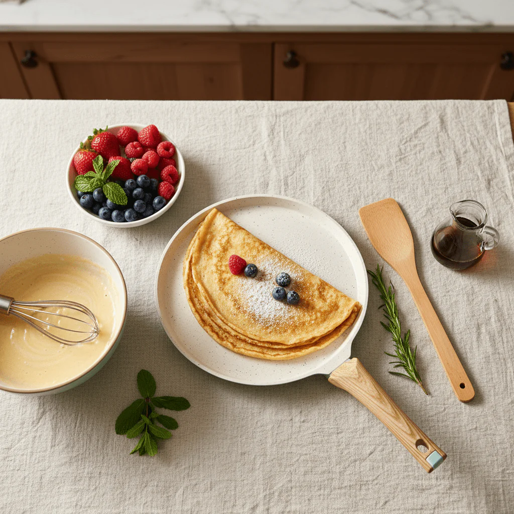 Nautilus Forged Aluminium Crepe Pan 24cm – Cream & Sage Green | Non-Stick | Wooden Handle - Image 2