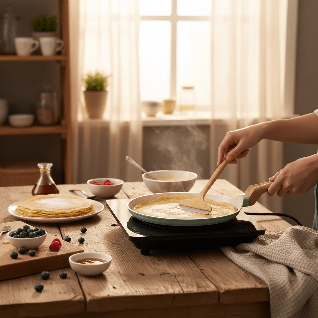 Nautilus Forged Aluminium Crepe Pan 24cm – Cream & Sage Green | Non-Stick | Wooden Handle - Image 4