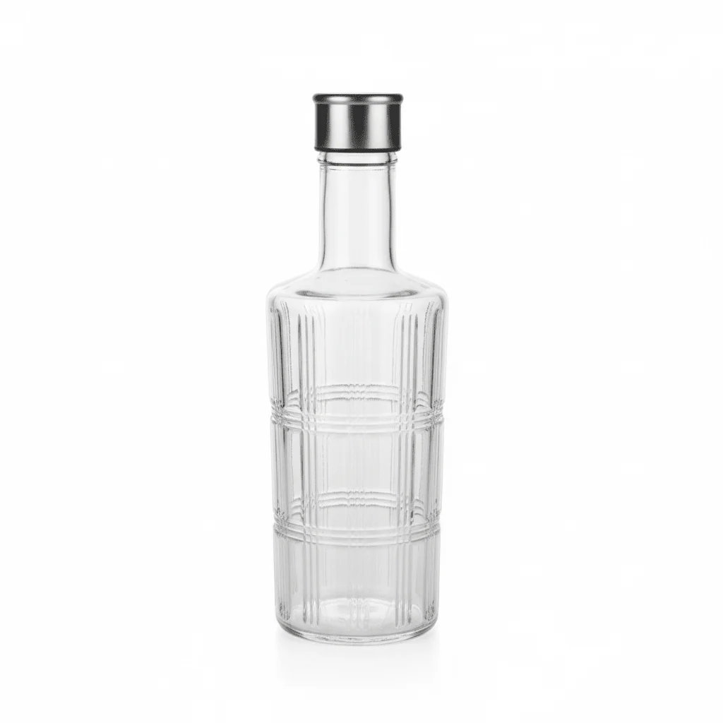 Nautilus Crystal-Cut Glass Water Bottle with Stainless Steel Cap — Vertical Rib & Grid Panel Design, 1 Litre